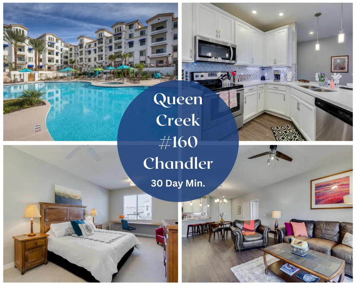 The hero image showcases a sparkling swimming pool surrounded by modern lounge chairs with the stylish condo building in the background. Sunlight streams across the tranquil pool area, inviting guests to relax or gather with friends. The image hints at luxury amenities and a peaceful, sunny Arizona lifestyle.