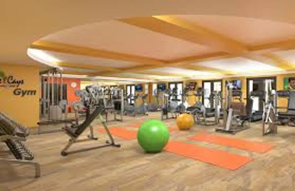 A spacious, light-filled gym equipped with state-of-the-art fitness machines, exercise mats, and stability balls. The room is set up for both solo workouts and group classes, reflecting a dynamic and motivating environment.
